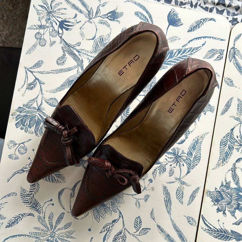 ETRO brown leather tassel loafer heels size 39 NWOB